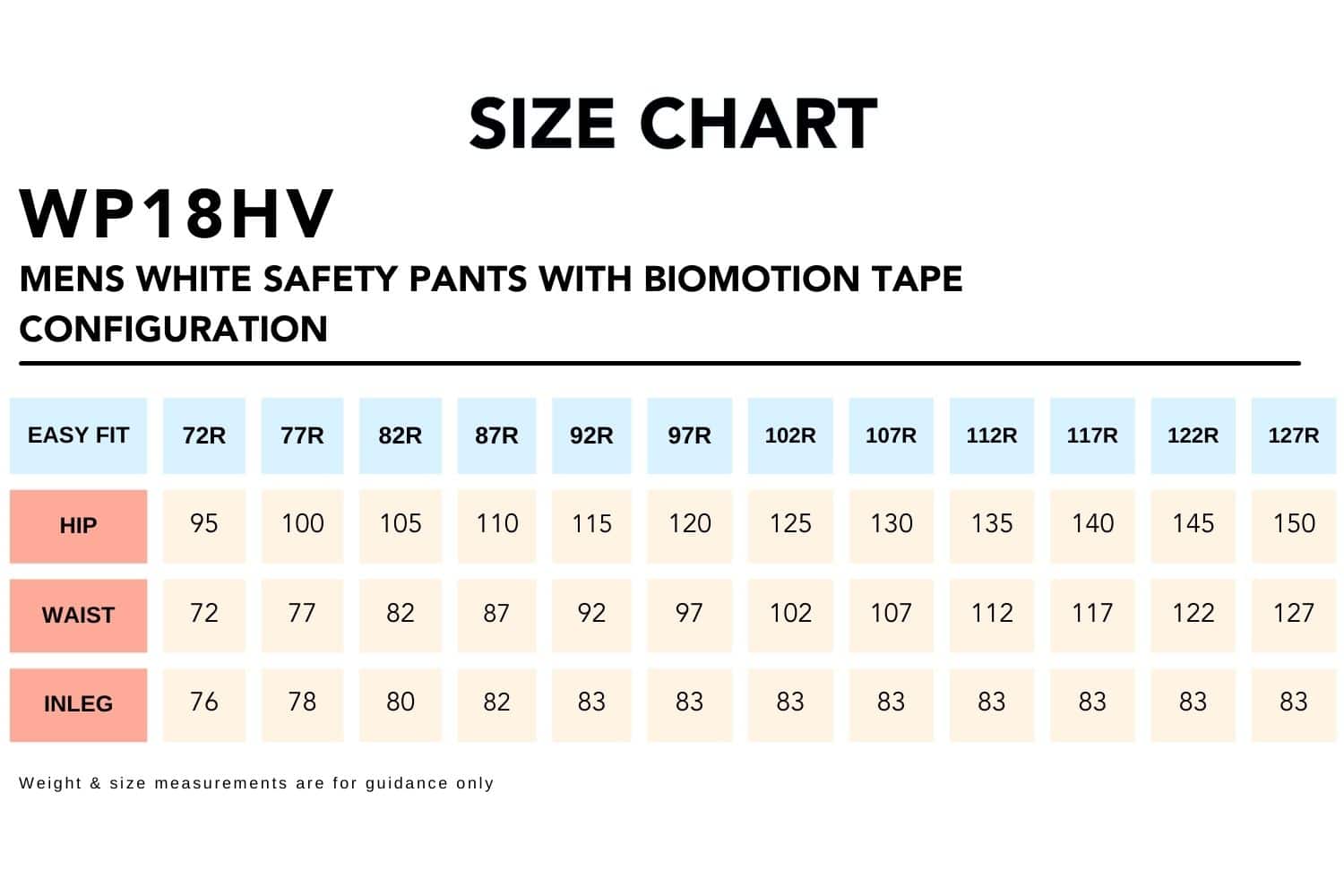 Size Chart_WP18HV Mens White Safety Pants With Biomotion Tape Configuration