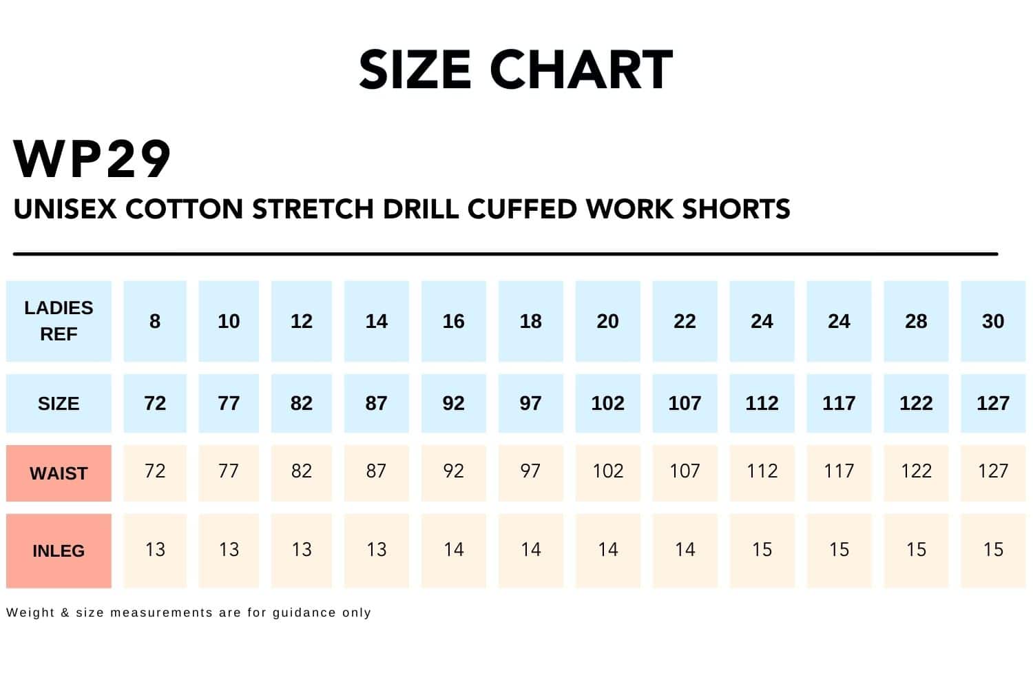 Size-Chart_WP29-UNISEX-COTTON-STRETCH-DRILL-CUFFED-WORK-SHORTS