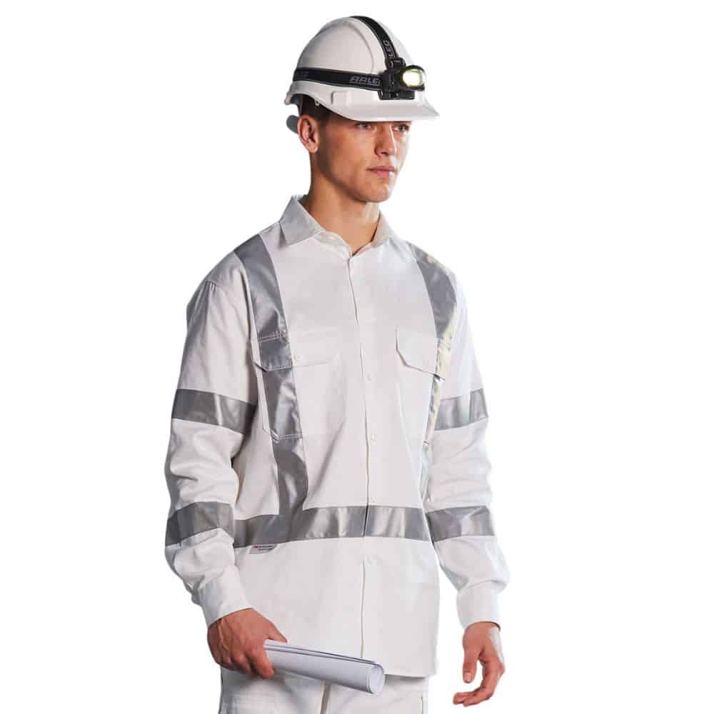 WT09HV_Mens White Safety Shirt With X Back Biomotion Tape Configuration